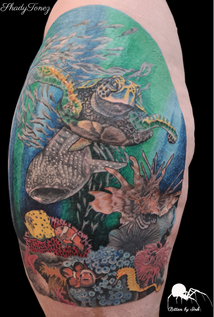realistic underwater colour tattoo Bitten by Ink Tattoo Studio Chelmsford
